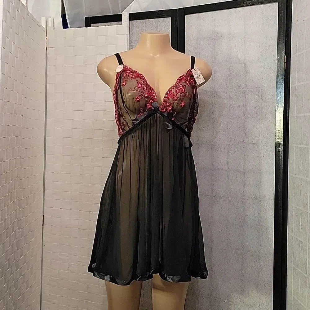 BRAND NEW SPREE INTIMATES BABYDOLL LINGERIE WOMEN WIDE STRAP HALTER NIG…